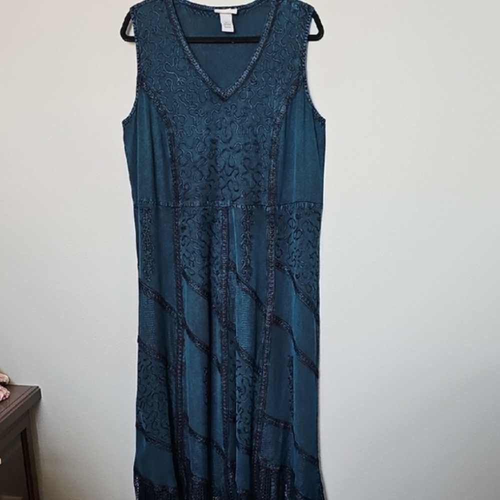 Catherines Fairy Goth Victorian Steampunk Teal Embroidered Maxi House Dress 0X